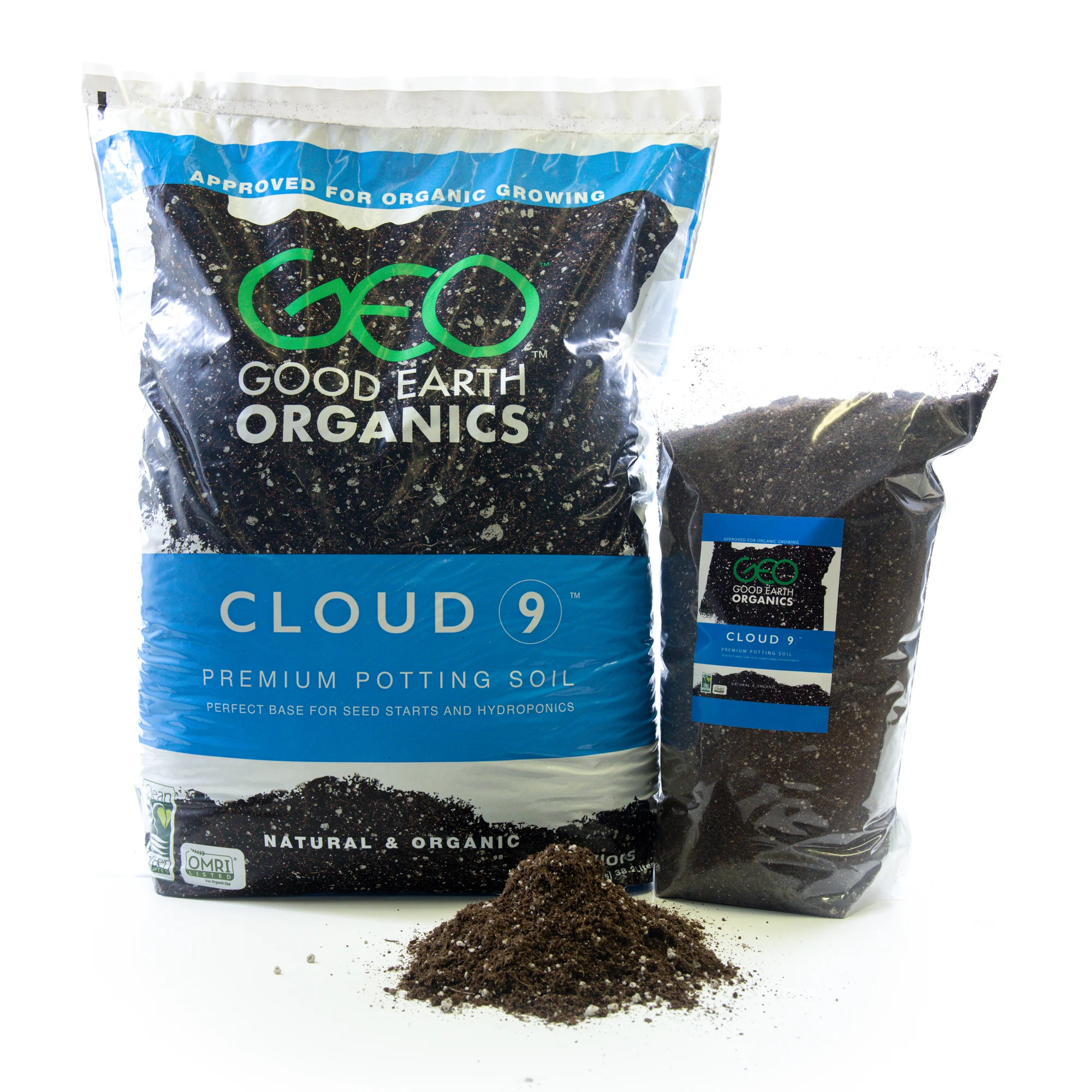 Cloud 9 premium potting soil packaging ensemble photographed on a clean white background.