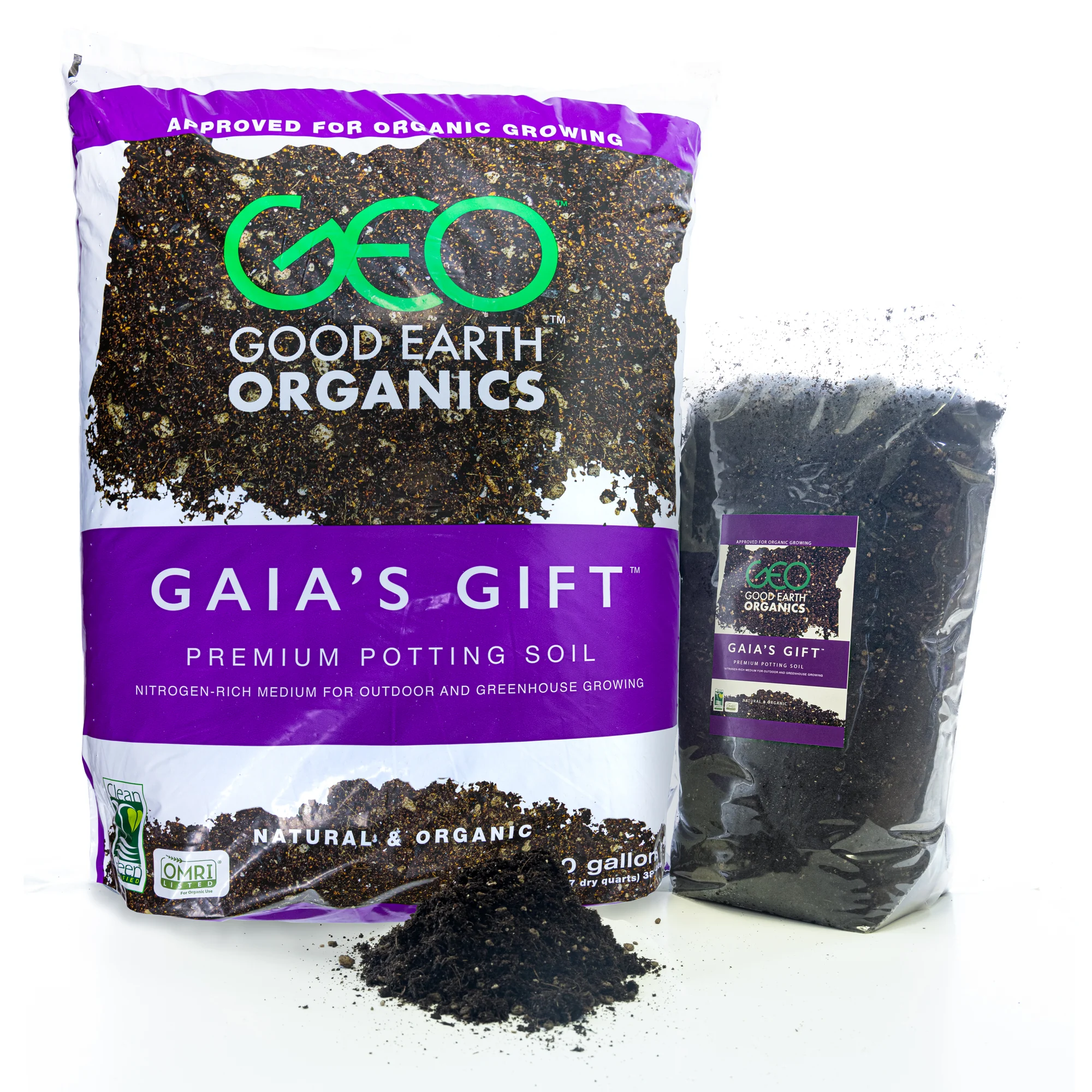 Gaia's Gift premium potting soil packaging ensemble photographed on a clean white background.