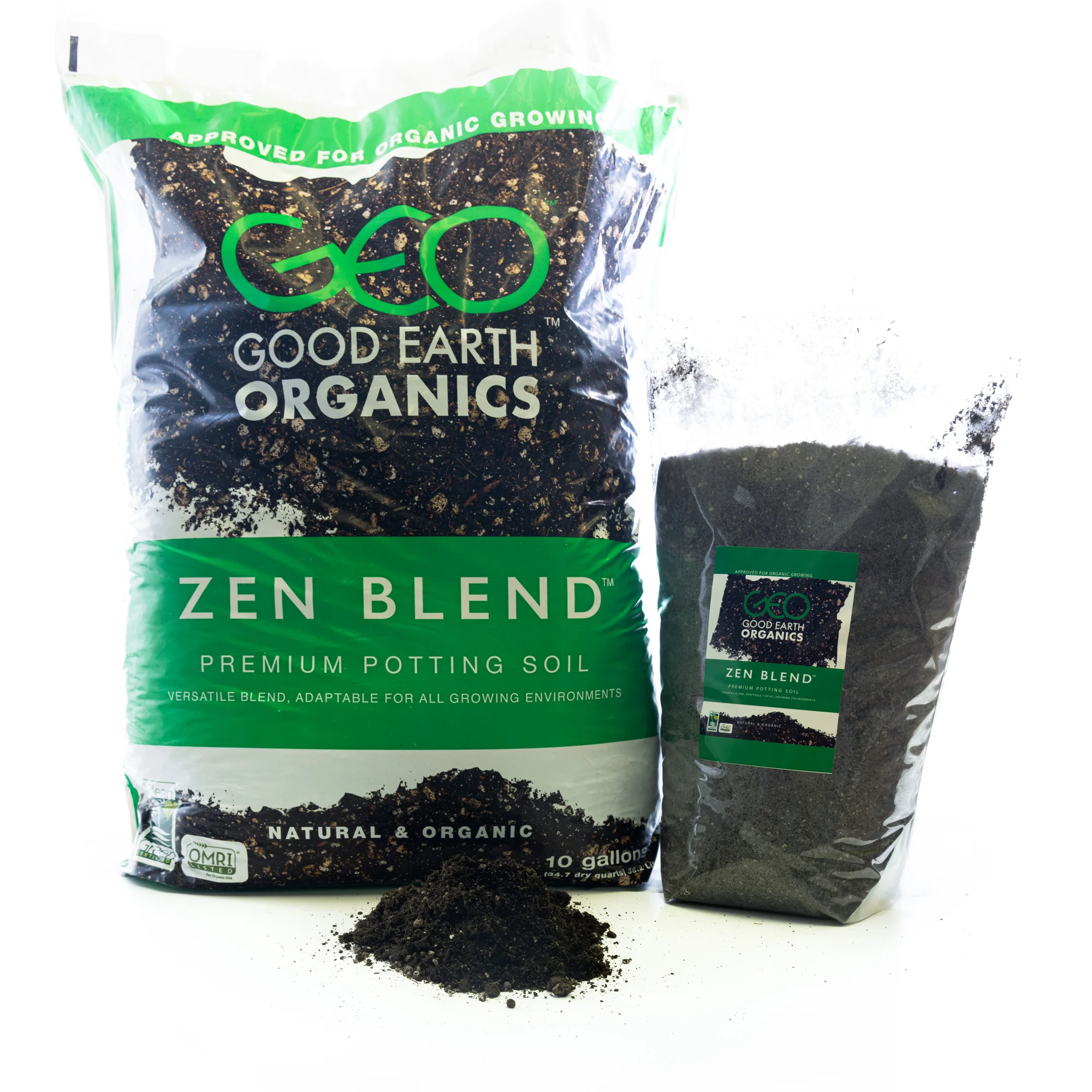 Zen Blend premium potting soil packaging ensemble photographed on a clean white background.