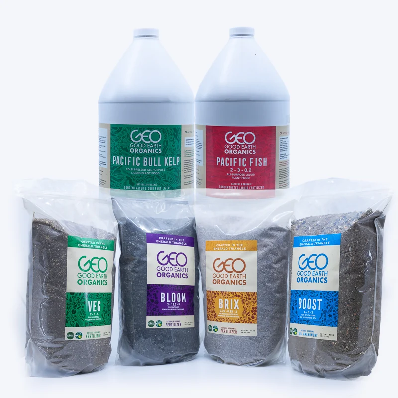 Good Earth Organics liquid and dry nutrient products arranged together on a white background.