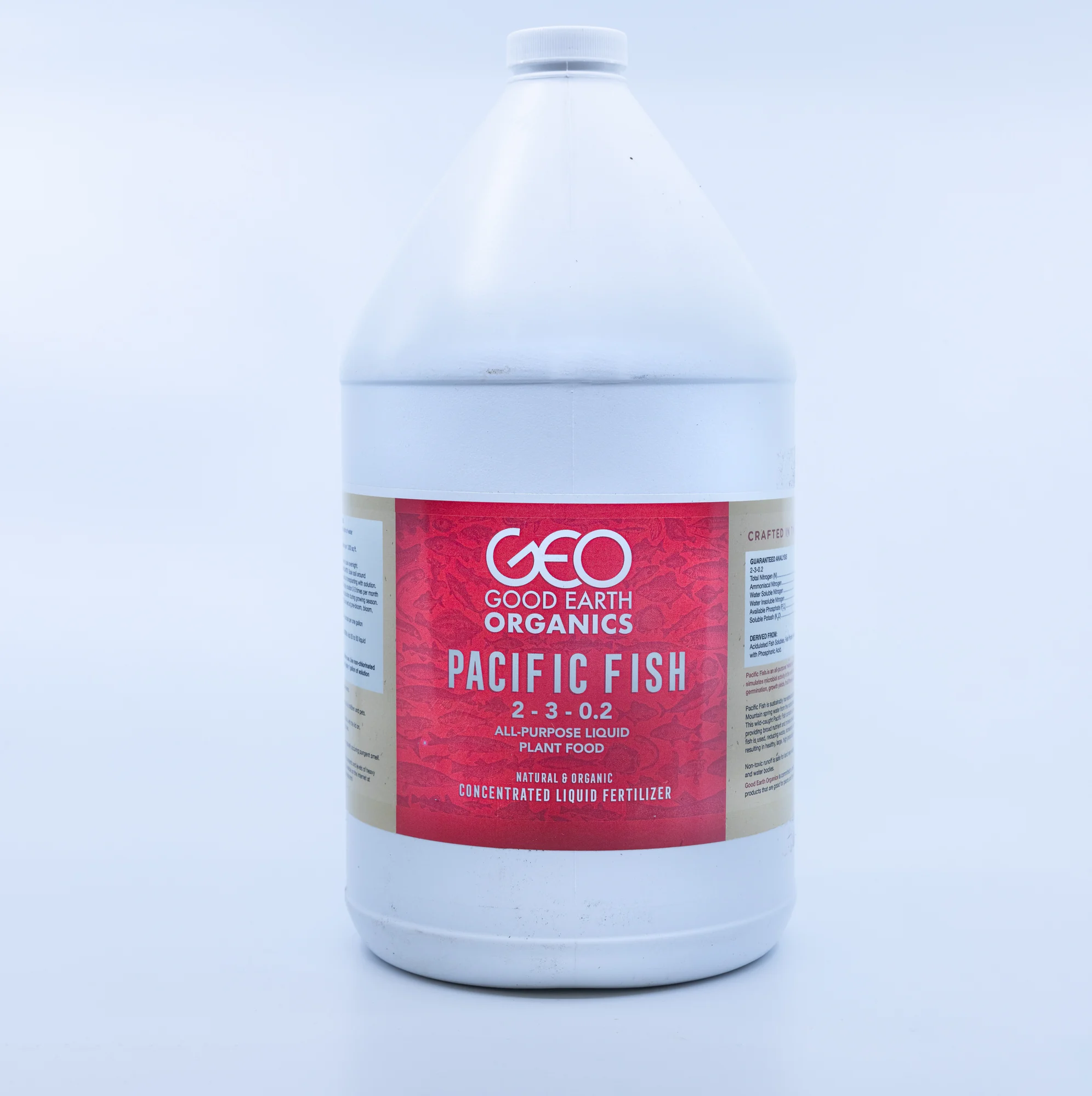 Pacific Fish liquid nutrient jug photographed on a pale white background.