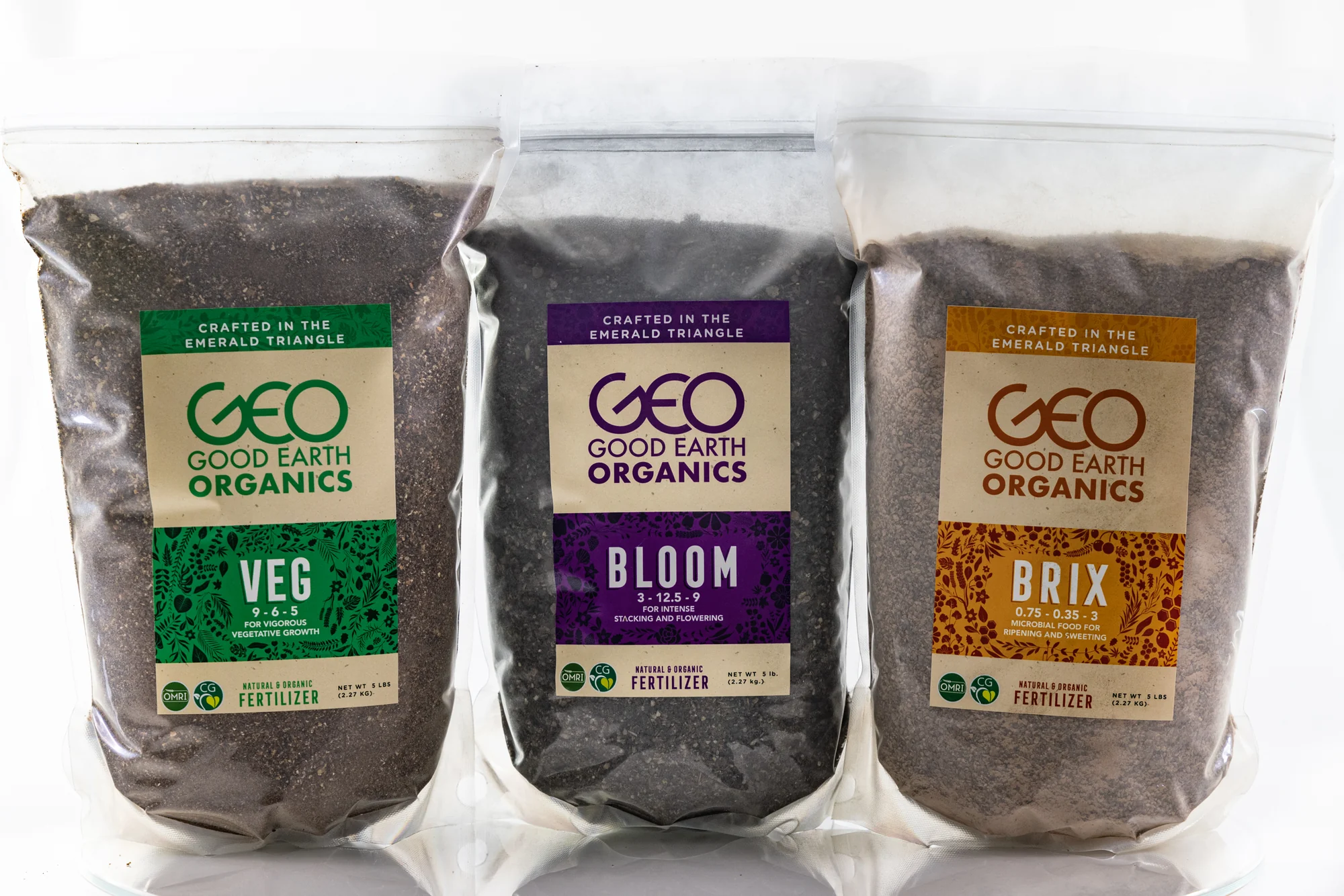 Veg, Bloom, and Brix dry nutrient bags arranged together on a clean white background.
