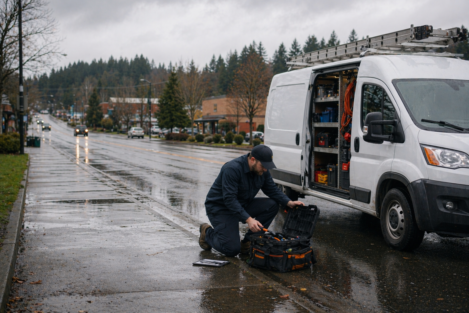 Battle Ground area service operator organizing tools beside an unbranded work van on a rainy street