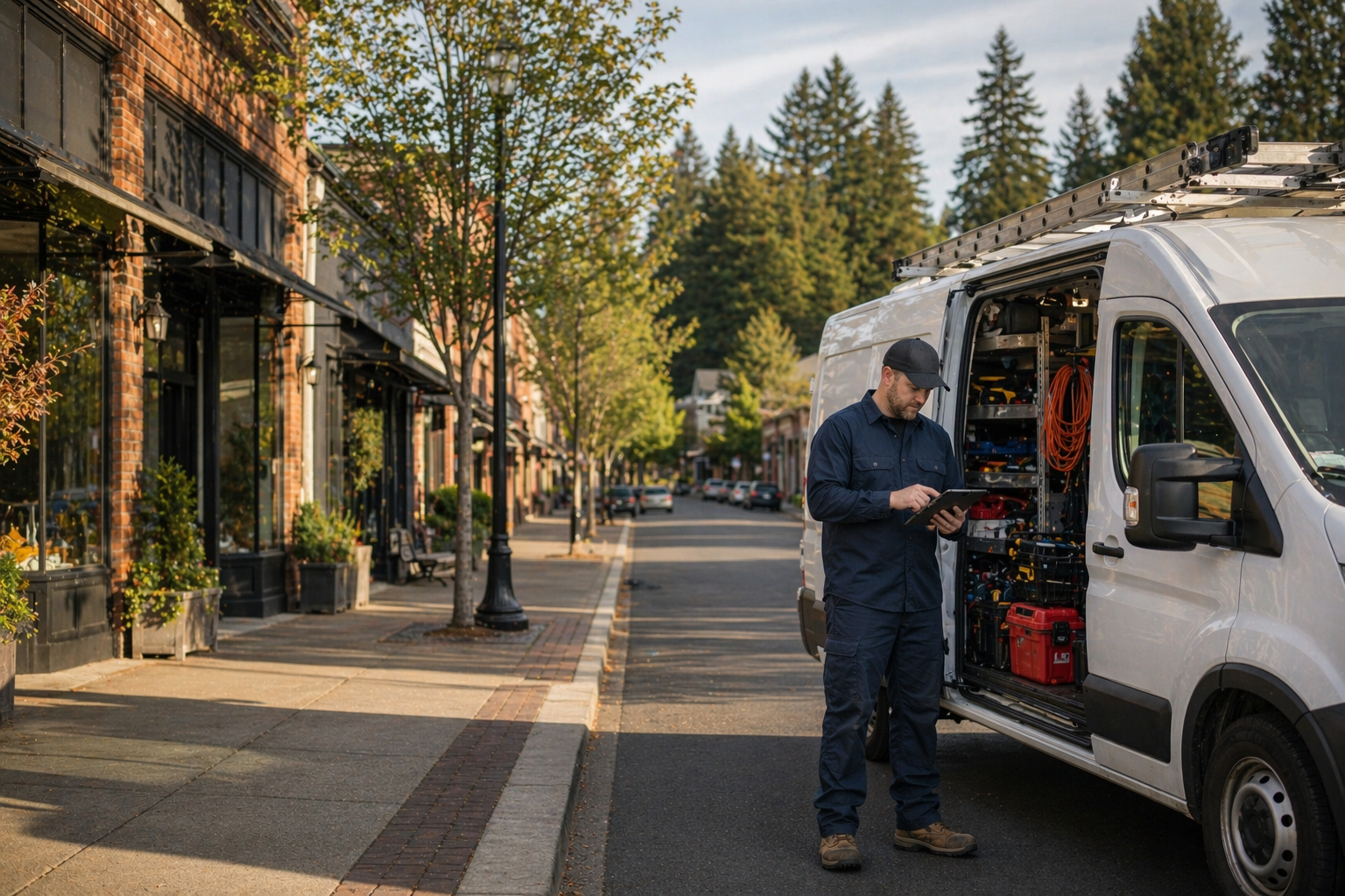 Camas area service operator beside an unbranded work van near a small-town storefront on a dry afternoon Camas area service operator beside an unbranded work van near a small-town storefront on a dry afternoon
