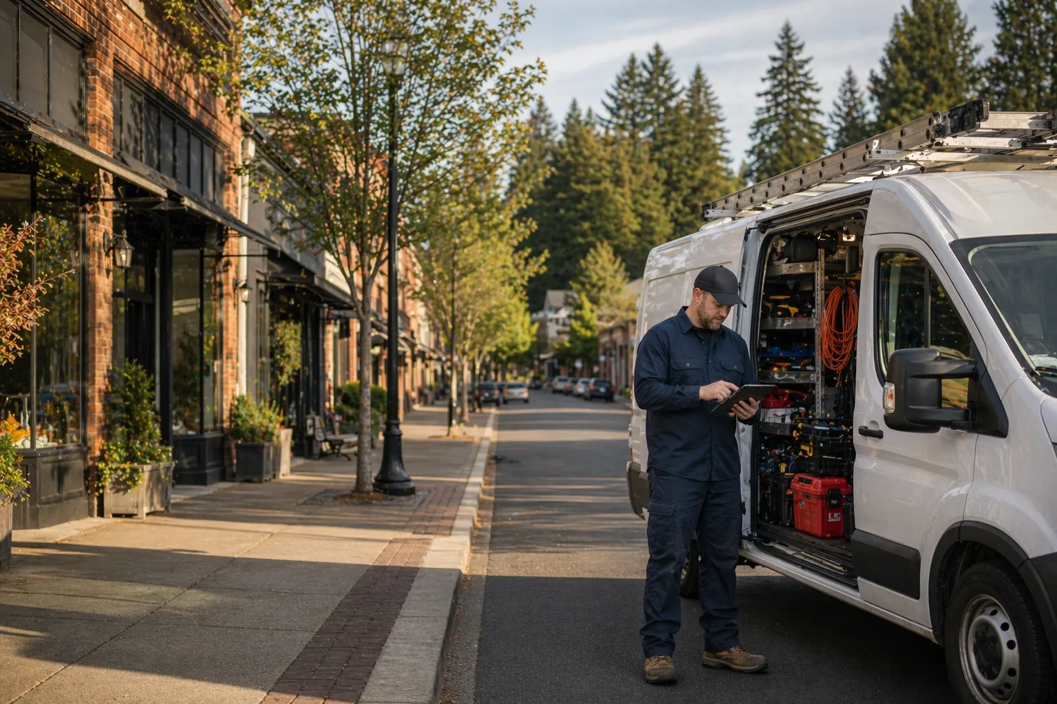 Camas area service operator beside an unbranded work van near a small-town storefront on a dry afternoon