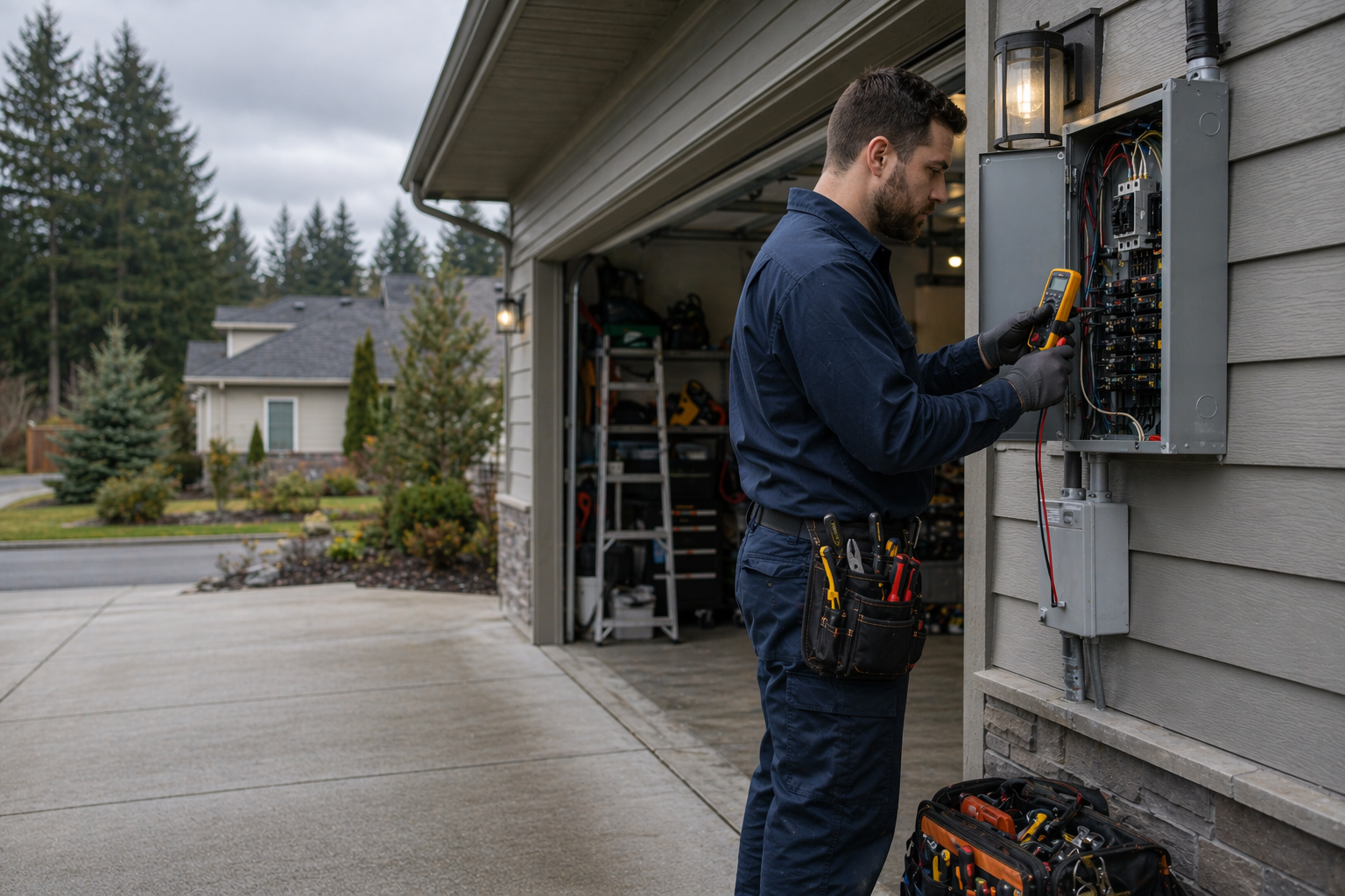 Electrician safely inspecting a residential electrical panel in a Southwest Washington garage