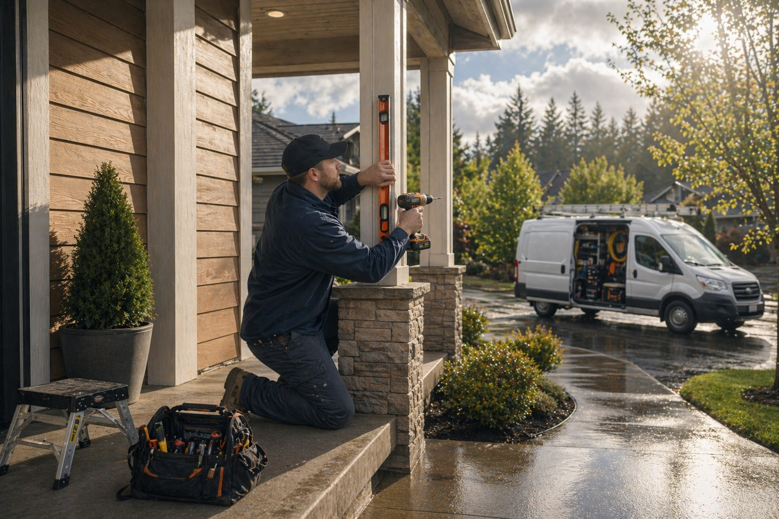 Handyman aligning porch trim during a Southwest Washington sunbreak after rain Handyman aligning porch trim during a Southwest Washington sunbreak after rain