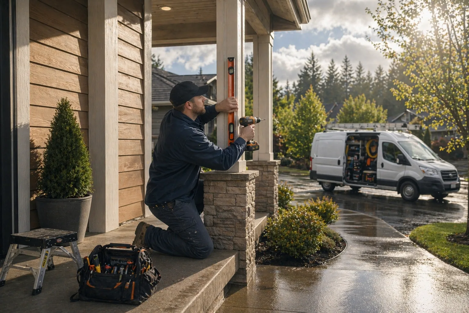 Handyman aligning porch trim during a Southwest Washington sunbreak after rain Handyman aligning porch trim during a Southwest Washington sunbreak after rain