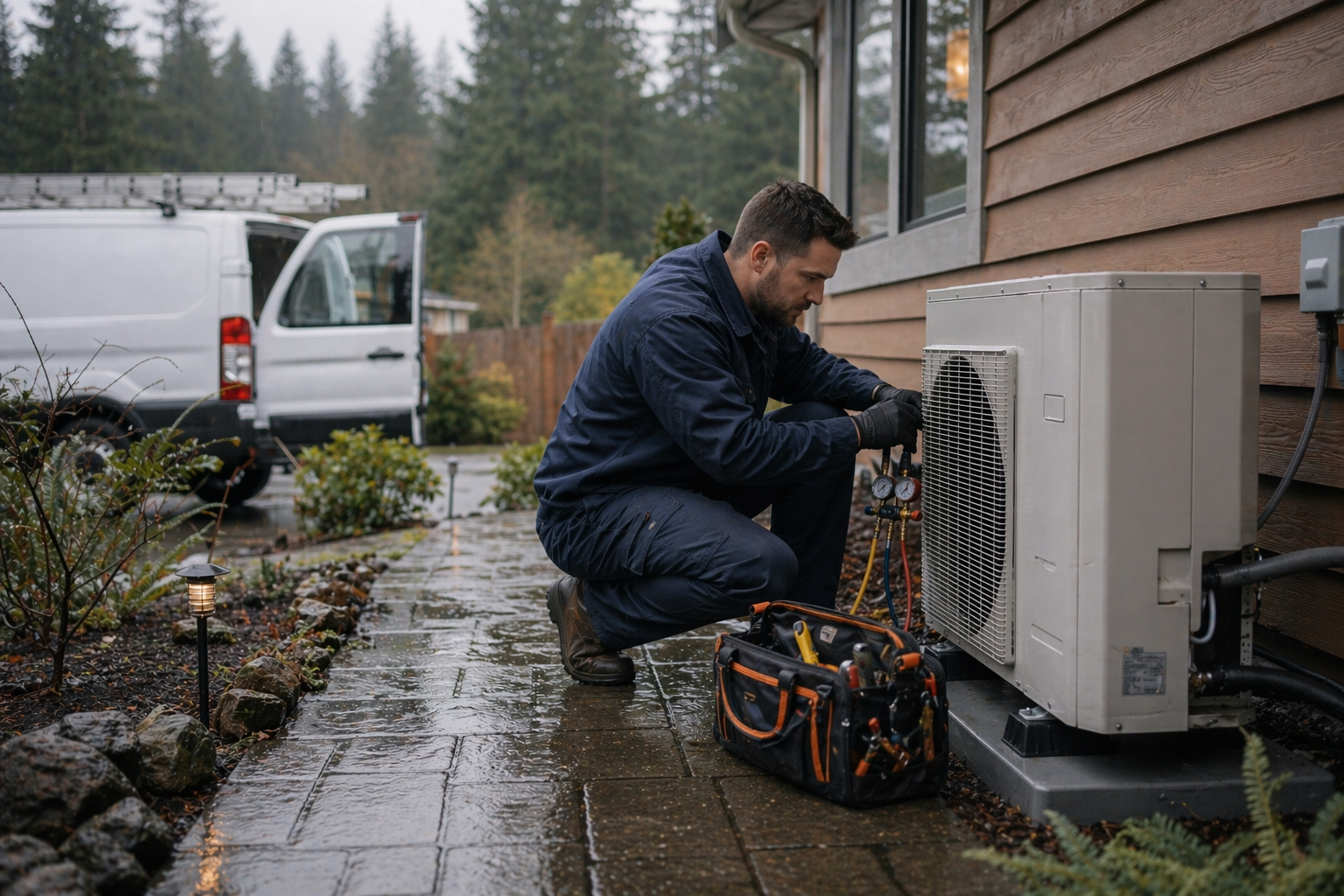 HVAC technician servicing an outdoor heat pump at a Southwest Washington home