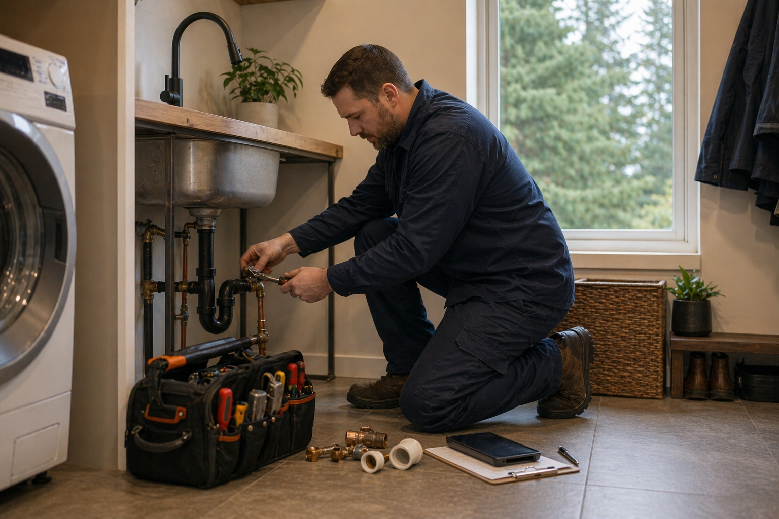 Plumber working on clean residential utility room pipework in a Southwest Washington home