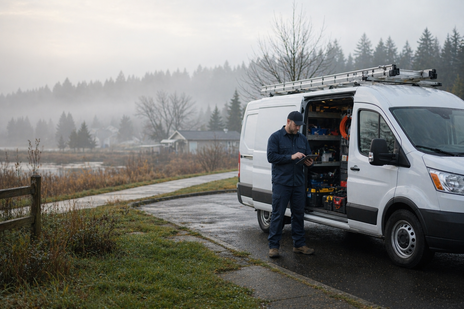 Ridgefield area service operator beside an unbranded work van on a foggy Clark County morning Ridgefield area service operator beside an unbranded work van on a foggy Clark County morning