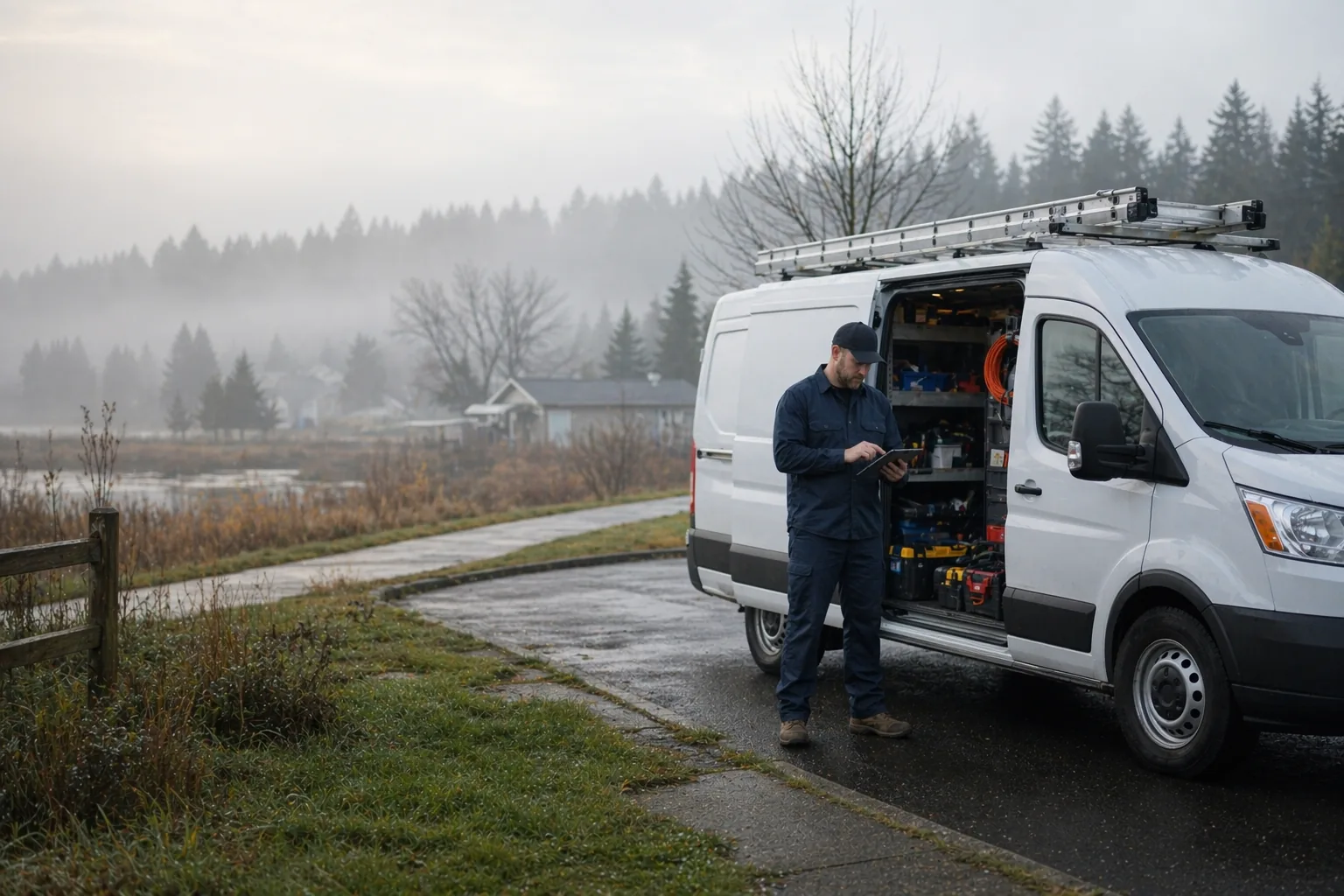 Ridgefield area service operator beside an unbranded work van on a foggy Clark County morning