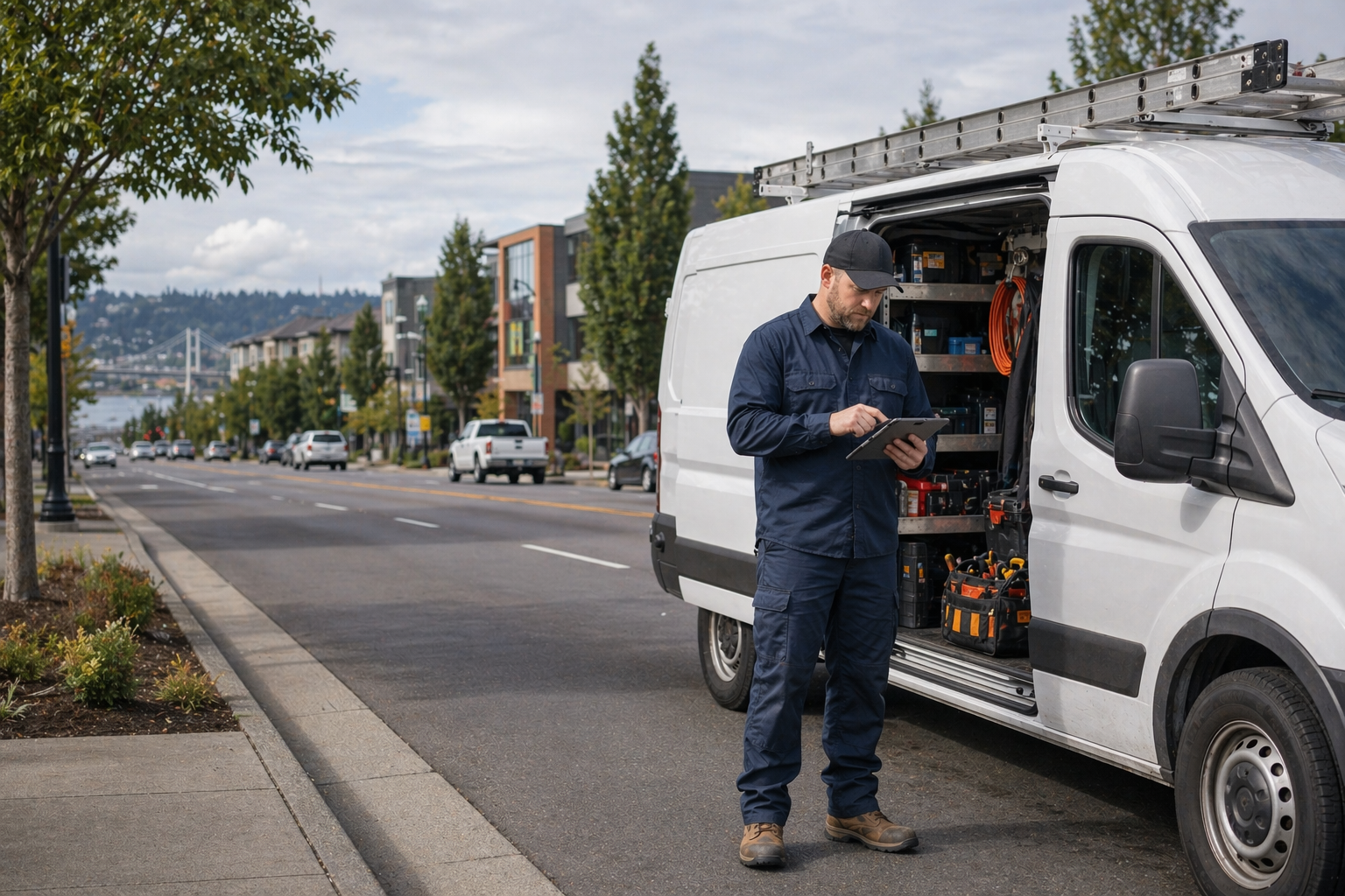 Vancouver area service operator reviewing a route beside an unbranded work van in bright overcast weather Vancouver area service operator reviewing a route beside an unbranded work van in bright overcast weather