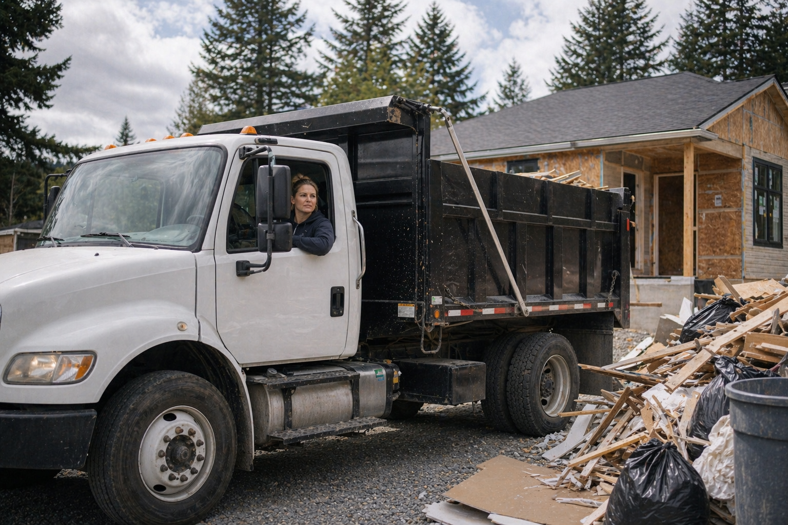 Woman owner operator driving a dump truck at a residential construction debris pickup Woman owner operator driving a dump truck at a residential construction debris pickup
