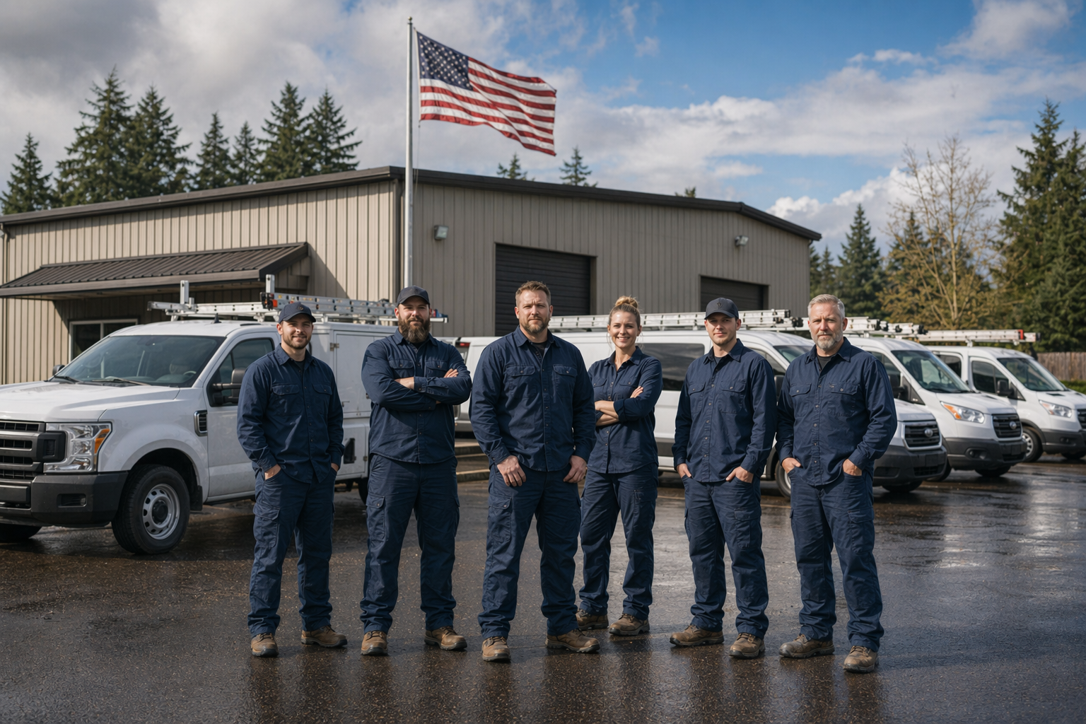 Electrician team standing in front of service trucks outside a local shop with an American flag overhead Electrician team standing in front of service trucks outside a local shop with an American flag overhead