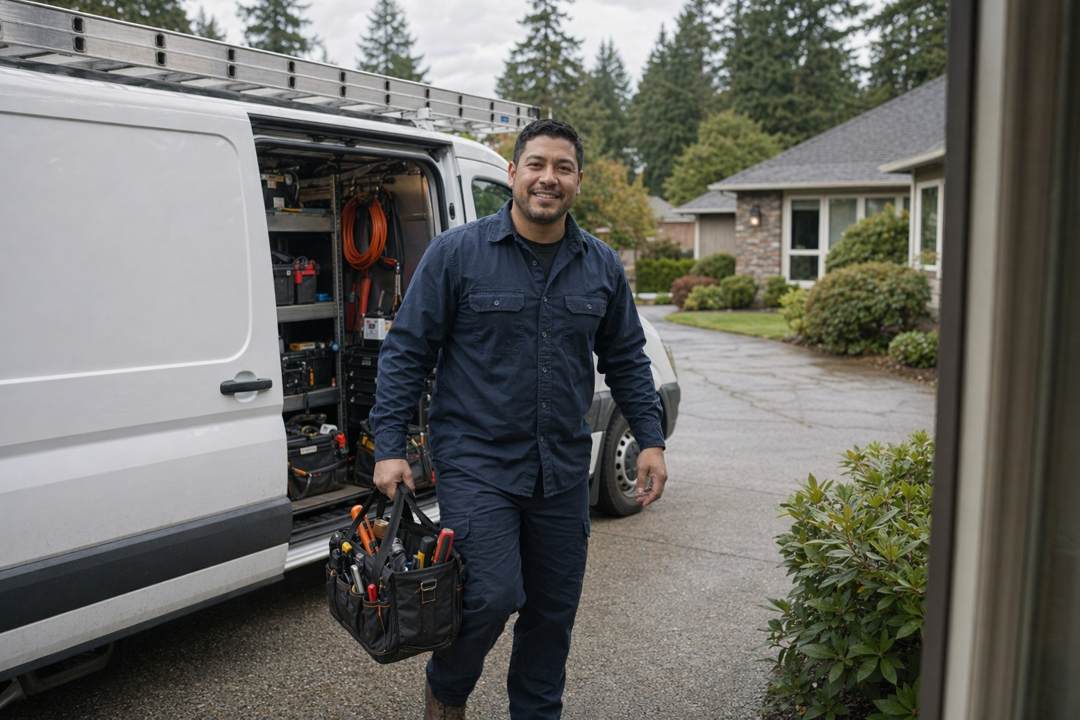 Tradesman stepping out of a service van with a tool bag and greeting a customer