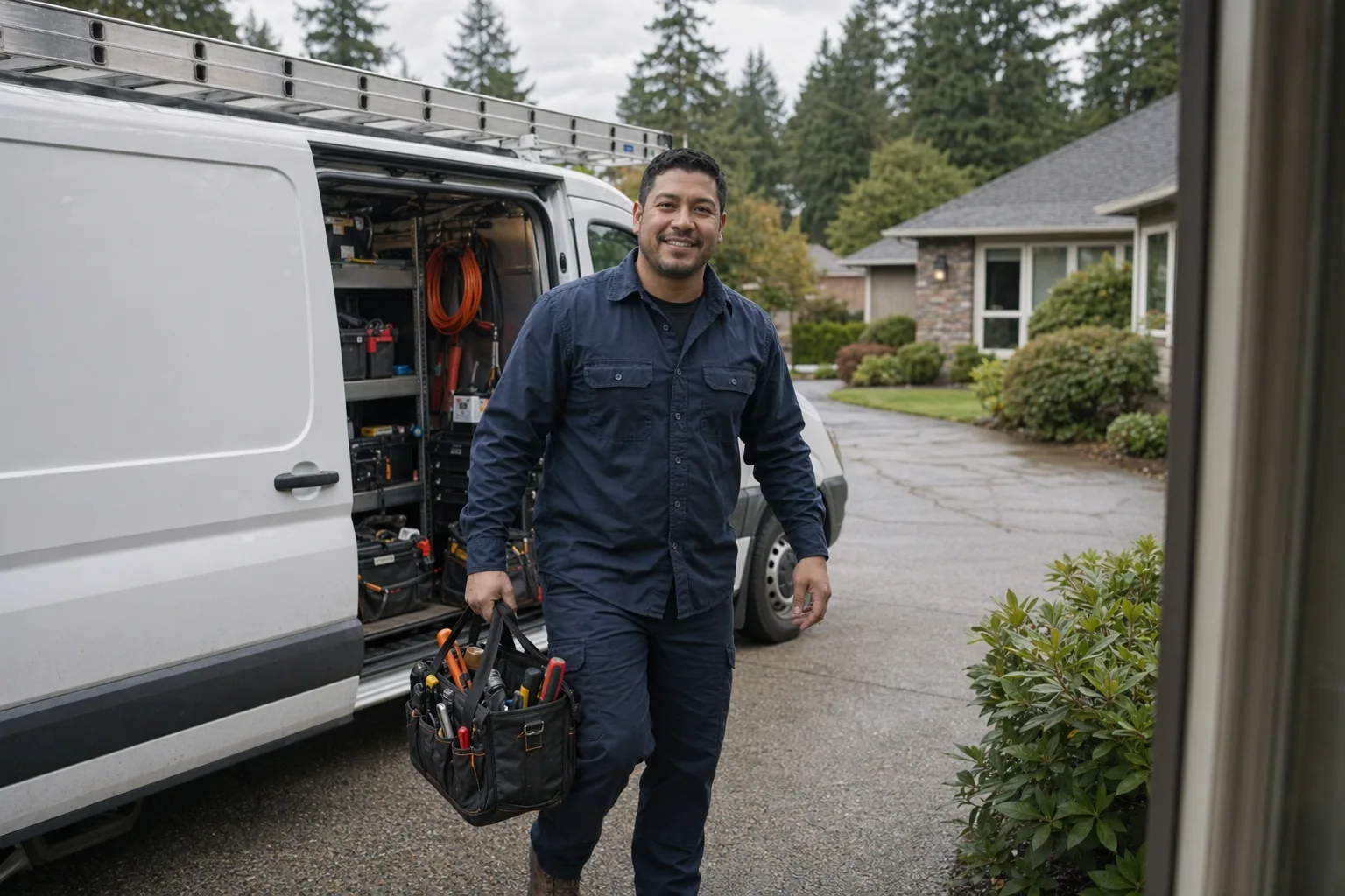 Tradesman stepping out of a service van with a tool bag and greeting a customer Tradesman stepping out of a service van with a tool bag and greeting a customer
